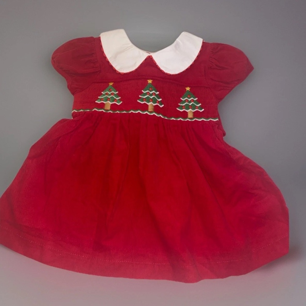 Lil‎ Cactus 3-6 Months Christmas Holiday Dress Red Corduroy Embroidered Trees